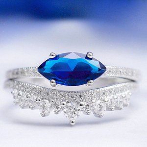 Pear Shaped Blue Sapphire Crown Bridal Set 925 Sterling Silver Charmed A…